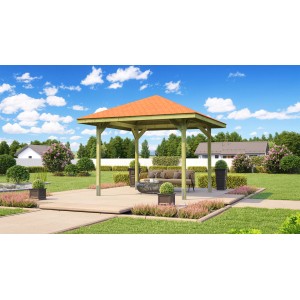 Weka Pavillon Gartenoase 651, 333x333 cm, con tegole rosso-marroni in giardino.