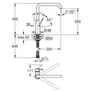 Schéma technique : Mitigeur d'évier Grohe Essence monocommande avec bec haut SuperSteel.