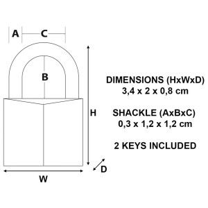 Skizze: Master Lock Vorhängeschloss Magnum Messing, 20mm breit, mit Maßangaben.