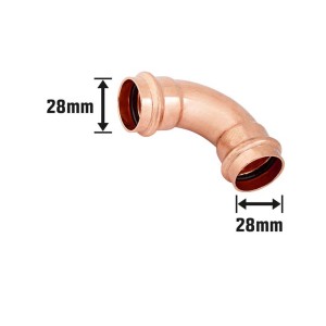 Raccordo a pressare in rame, curva a 90 gradi, diametro 28 mm per tubi in rame.