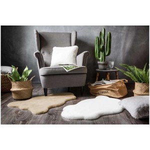 Beiges Dekofell Coste aus Polyester, 55x80 cm, als Teppich oder Deko vor Sessel und Kaktus.