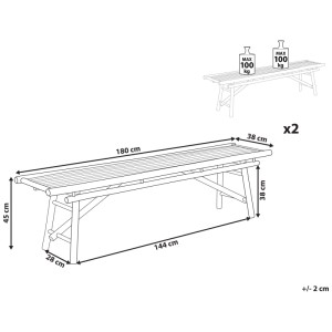 Dessin technique: Lot de 2 bancs de jardin Beliani en bambou marron, 180x45x38 cm. Max. 100 kg/personne.