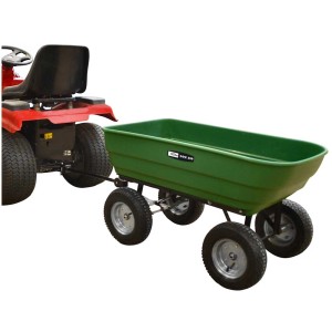 Carrello da giardino Güde GGW 300 attaccato a trattorino: Carrello verde con quattro ruote.