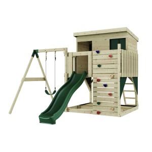 PolarPlay Torre gioco Tjorven con altalena e scivolo, legno naturale, dettagli verde scuro.