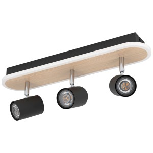 Eglo Rimbocchi Barra faretti LED con 3 faretti GU10, acciaio/effetto legno, nero, 20W.