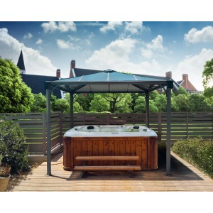 Gazebo da giardino Canopia Palermo 3x3 antracite sopra una vasca idromassaggio su una terrazza in legno.