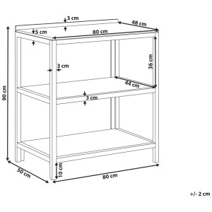 Technische Zeichnung der Beliani Outdoor-Kücheninsel Venosa mit Maßen 90x80x50 cm und zwei Regalfächern.