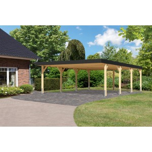 Karibu Doppelcarport aus Leimholz, naturbelassen, mit anthrazitfarbener Dachblende im Garten.
