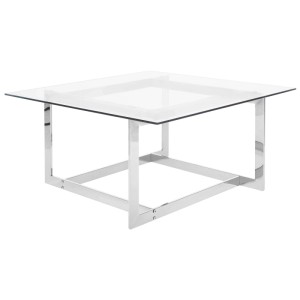 Table basse carrée Crystal avec plateau en verre et structure en métal argenté.