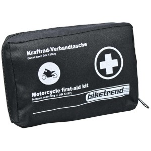 Kit di pronto soccorso moto nero DIN 13167 con croce bianca e icona moto.