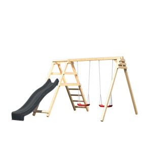 Balancelle double Karibu Felix avec structure d'escalade et toboggan en anthracite naturel.