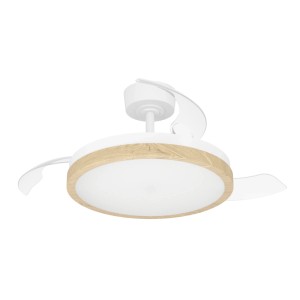 Ventilatore da soffitto LED Eglo Malpica, bianco con anello effetto legno. Pale retratte, sembra una plafoniera.