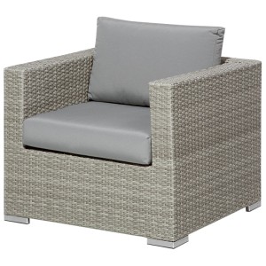 Poltrona in polyrattan grigio, parte del set lounge Beliani XXL 8 posti. Arredo giardino con cuscini grigi.
