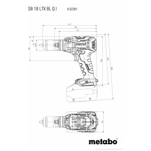 Technische Zeichnung des Metabo Akku-Schlagbohrschraubers SB 18 LTX BL Q I mit Maßen und Ansichten.