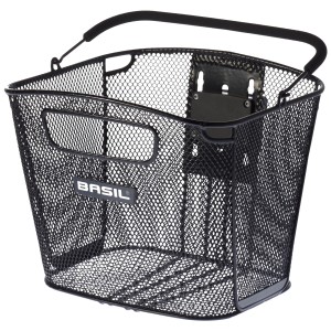 Schwarzer Basil Bold Front KF Fahrradkorb aus Stahl, 14 Liter Volumen, zur Lenkerbefestigung.