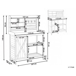 Dessin technique de la table de rempotage Beliani Meldola en bois de sapin. Montre dimensions, surface de travail, armoire, étagères et crochets.