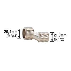 Raccordo a S in ottone cromato con filettature R 1/2 e R 3/4 per raccordi filettati.