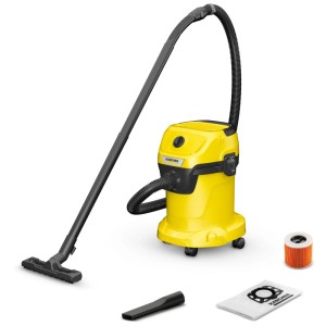 Kärcher WD 3 V-17/4/20 aspirateur eau et poussière, jaune, avec accessoires comme buse, filtre et sac.
