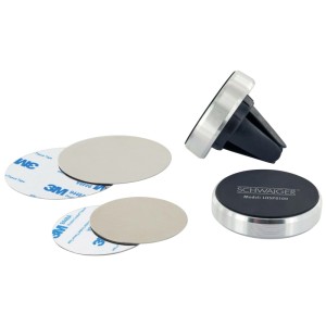 Support smartphone magnétique Schwaiger LHSP0100 pour voiture, argent/noir, avec adaptateur de ventilation et plaques magnétiques.
