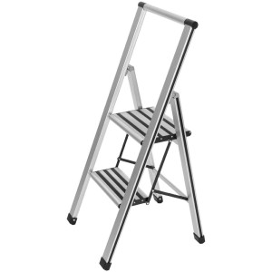 Scala pieghevole in alluminio argento a 2 gradini con barra di sicurezza, ideale per la casa.