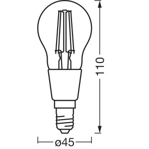 Lampadina LED Osram Matter E14 a goccia, dimmerabile, 4W, con dimensioni.