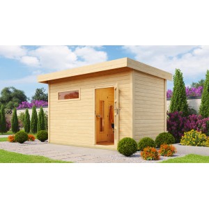 Sauna Weka Farsund avec vestiaire et poêle 9 kW, bois naturel avec fenêtre et porte ouverte.