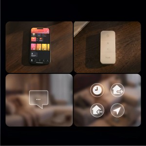Smartphone con app Hue, dimmer, controllo vocale e icone automazione per catena luminosa Philips Hue Festavia.
