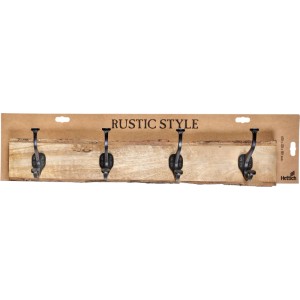 Rustikale Hettich Holzgarderobe aus Mangoholz mit Baumkante und 4 schwarzen Metallhaken für Flur.