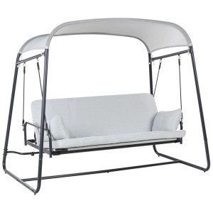 Dondolo Hollywood Beliani Marsciano grigio chiaro con struttura in acciaio, tetto in mesh e cuscini per giardino.