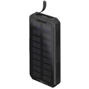 Powerbank Slimline QC/PD Solaire noire avec 20000 mAh et panneau solaire. Batterie pour appareils USB.