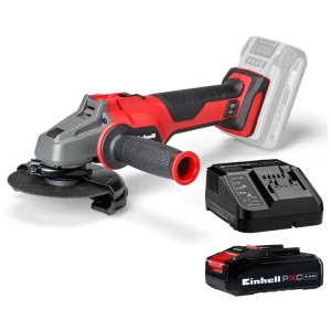 Meuleuse d'angle sans fil Einhell Axxio 18/125 Q avec batterie, chargeur et disque à meuler.
