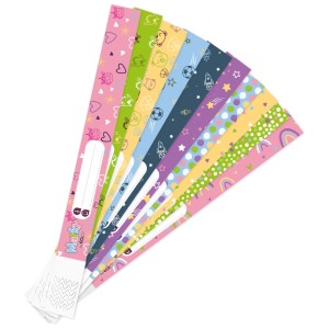 SOS-Armbänder Marky, 10 Stk., mit bunten Designs für Kinder und Beschriftungsfeld.
