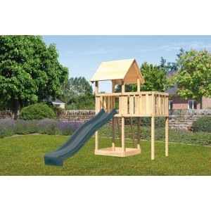 Karibu Spielturm Lotti mit Rutsche und Anbauplattform in Natur-Anthrazit im Garten.