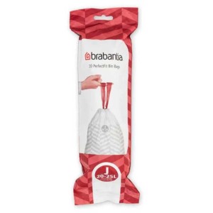 Sacs poubelle Brabantia PerfectFit, 23L, 240 pièces, avec cordon de serrage dans un emballage rouge.