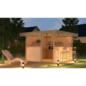 Gazebo da giardino Weka Rimini con tetto piatto, bancone e mobili da giardino per feste rilassanti.