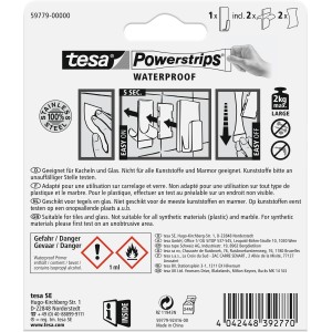 Crochet Tesa Powerstrips Waterproof en acier inoxydable, carré, large, pour une fixation sans perçage dans la salle de bain et la cuisine.