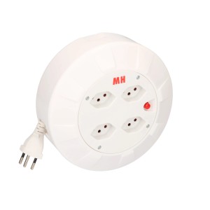 Enrouleur blanc avec 4 prises de type 13 et câble de 5 m pour une distribution électrique flexible.
