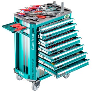 Servante d'atelier Technocraft Swiss Team Plus+ Pro, 743 pièces, avec tiroirs ouverts et outils.