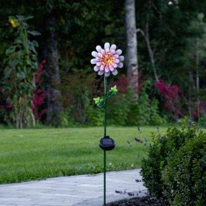Pinker LED-Solarstab Gänseblümchen mit warmweißem Licht im Garten. Solar-Deko Gartenstecker für stimmungsvolle Beleuchtung.