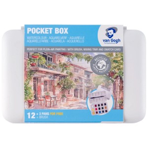 Van Gogh Aquarellfarben Pocketbox mit 12 Farben + 3 Bonusfarben und Pinsel.