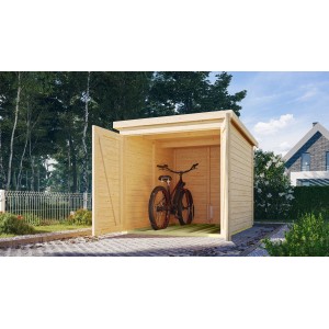 Garage per biciclette Karibu aperta in legno naturale con bicicletta all'interno.