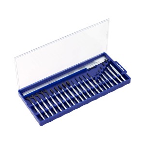 Jeu de tournevis de précision LUX, 21 pièces, dans une boîte en plastique bleue avec couvercle transparent.