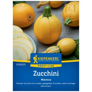 Graines de courgettes Kiepenkerl Mareva : Courgettes rondes jaune d'or et tranches de courgettes.