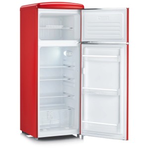 Offene, rote Severin Kühl-Gefrierkombination RGK 8930 im Retro-Design mit LED-Beleuchtung.
