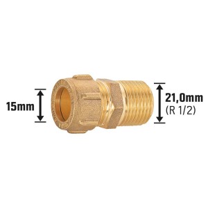 Raccordo a compressione in ottone, 15 mm x 21 mm (R 1/2), per impianti idraulici e di riscaldamento.
