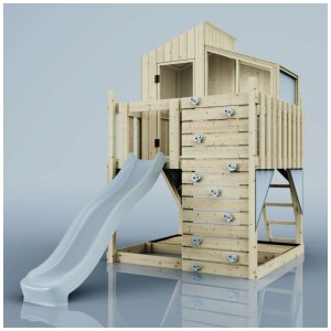 Maisonnette sur pilotis OutdoorToys Komet en bois avec toboggan bleu glacier et mur d'escalade.