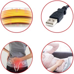 Stylies fascia riscaldante per alleviare i dolori mestruali, incl. cavo USB ed esempi di applicazione.