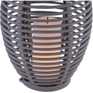 Lanterne solaire LED grise aspect rotin avec effet de flamme pour l'extérieur.
