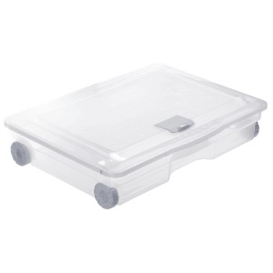 Transparente Rotho Unterbettbox Cargo mit Rollen, ideal zur staubfreien Aufbewahrung unter dem Bett.