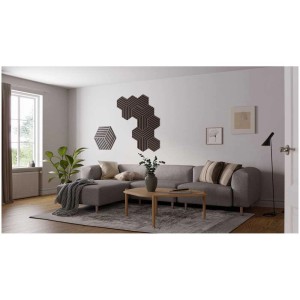 Denpanels Designpaneele Hexagon Geräucherte Eiche, 3 Stück, als Wanddeko im Wohnzimmer.